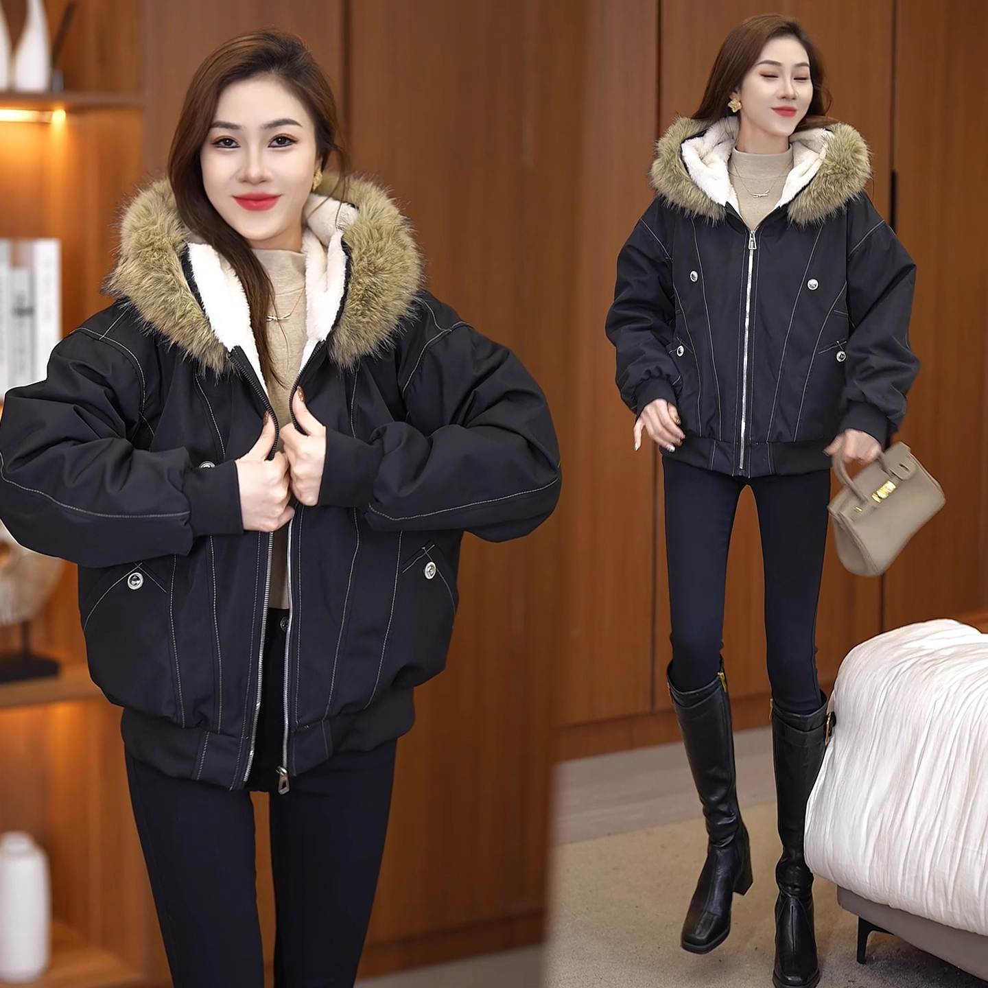 时尚毛领派克棉服女2025冬季新款洋气宽松显瘦加绒加厚连帽棉袄潮