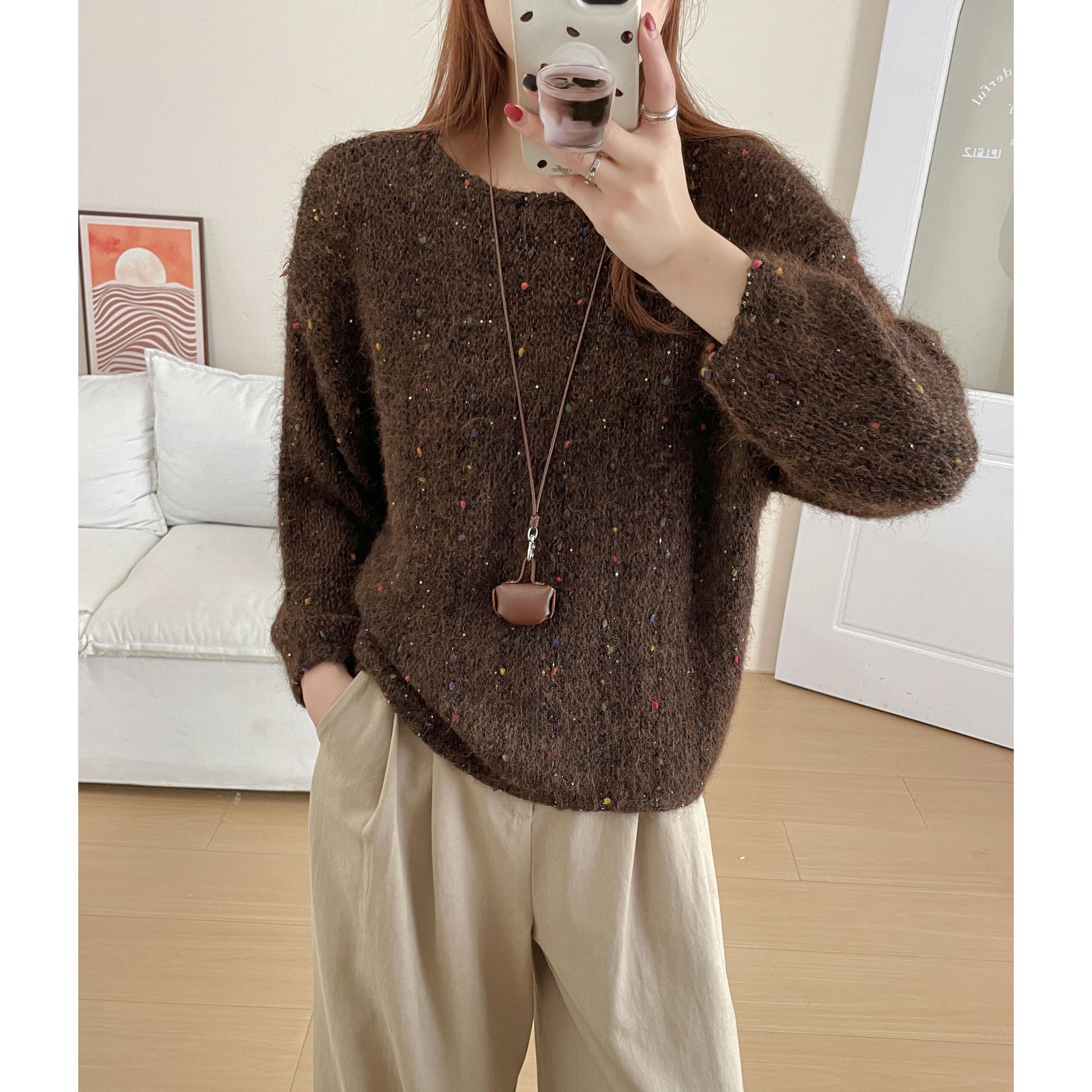 时尚彩色球球亮片卷边毛衣女秋冬季韩版一字领慵懒风针织衫