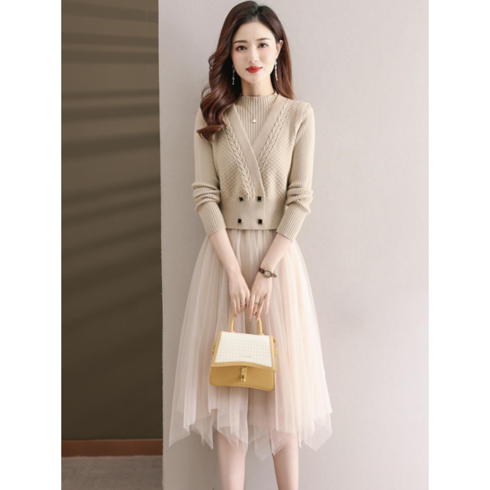 加厚连衣裙女两件套装秋季2024年新款气质高级画报夫人浮生仙套装