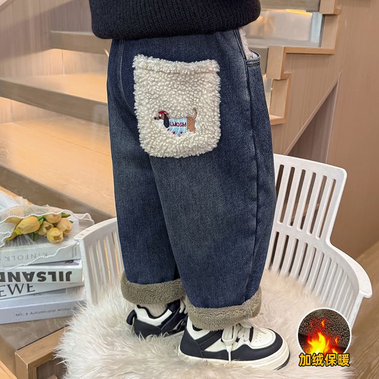 儿童加绒牛仔裤冬季女童厚绒裤子2025新款女宝宝冬装直筒裤子科学