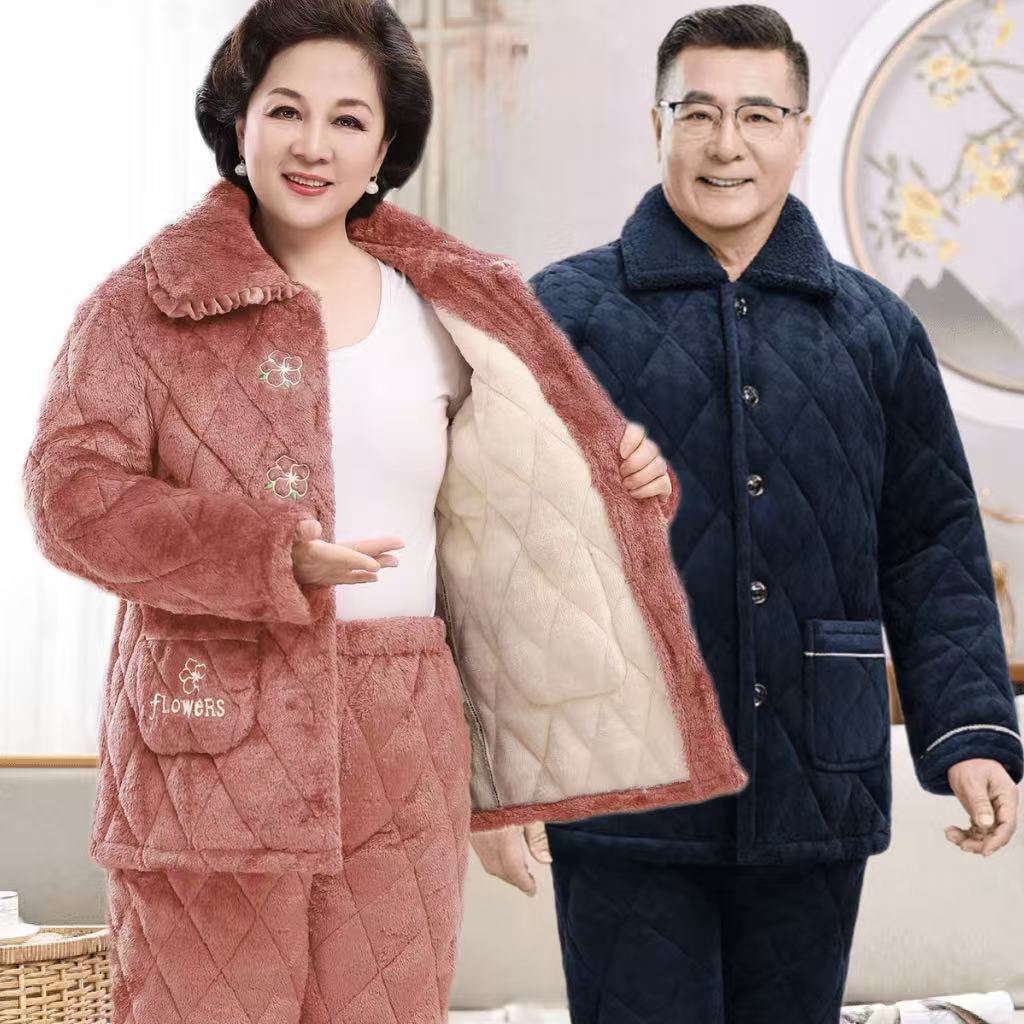 爸妈加厚加绒保暖冬季男女士睡衣居家珊瑚绒夹棉中老年家居服套装