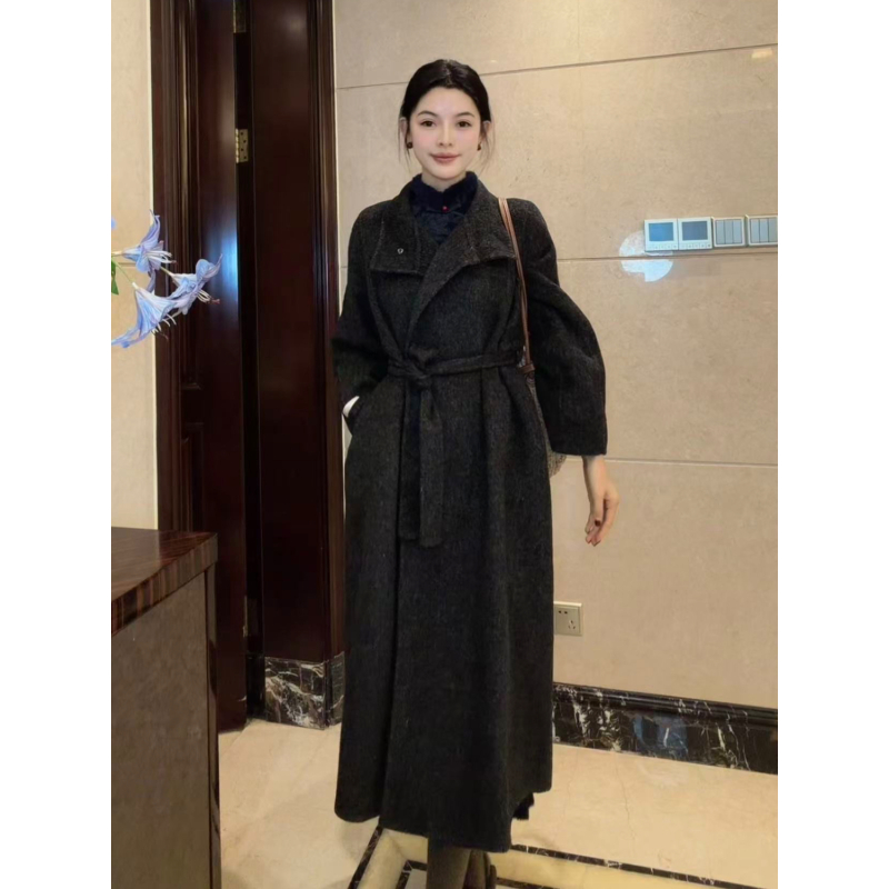 球球夫人丨炭灰大衣）125cm秋冬加厚长款大衣女复古宽松毛呢大衣