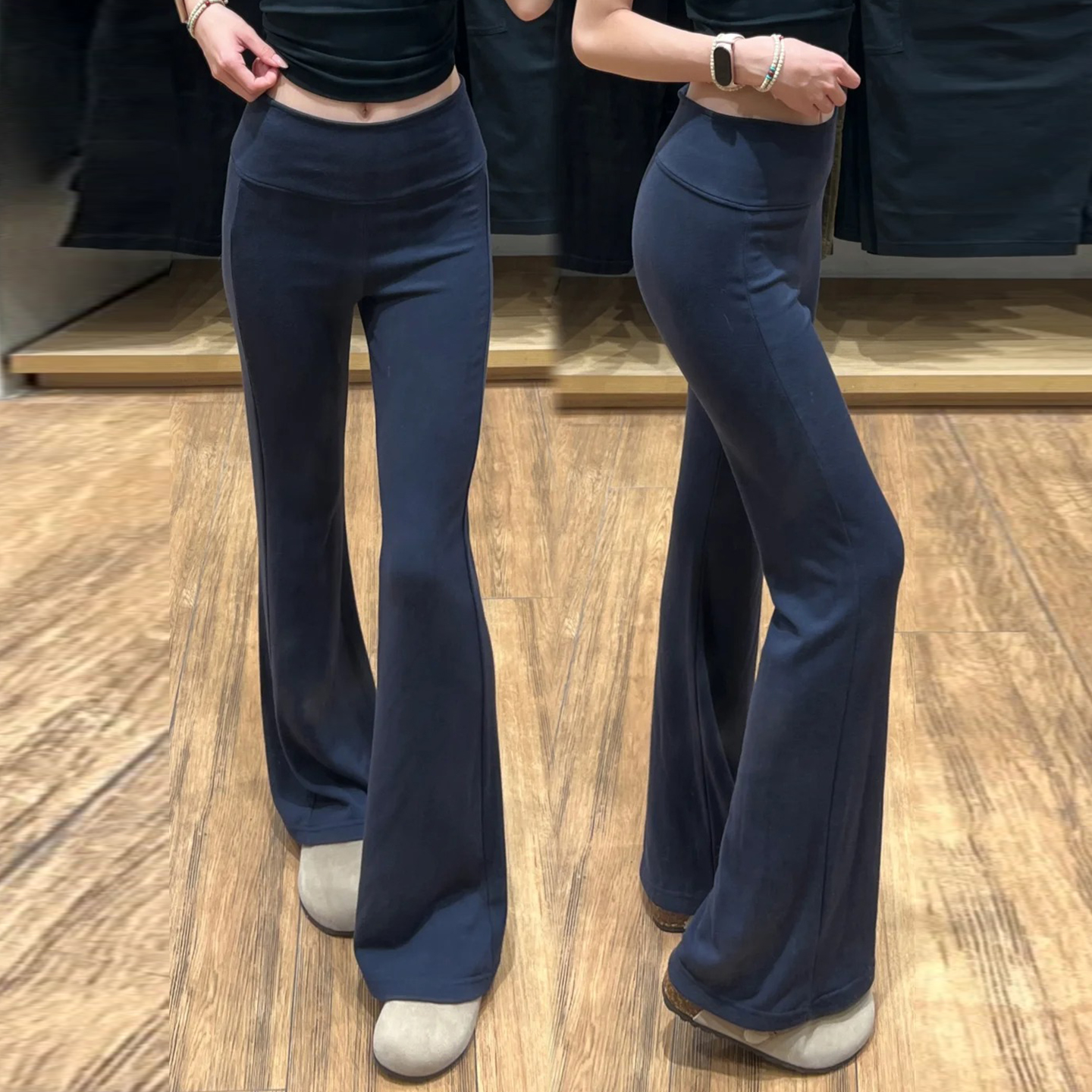 藏青色美式运动微喇裤女夏季2025新款修身辣妹显瘦瑜伽喇叭裤春秋