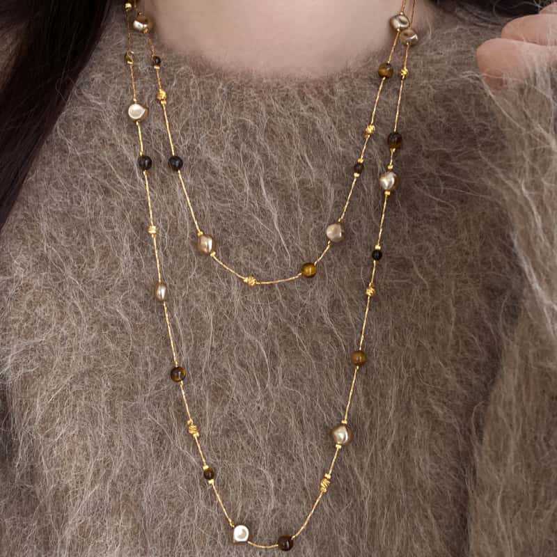 美拉德珠珠眼石项链百搭轻奢高级感长款毛衣链