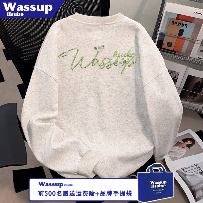 WASSUP秋冬季美式重磅潮牌白灰色英文刺绣设计感图案情侣男女卫衣