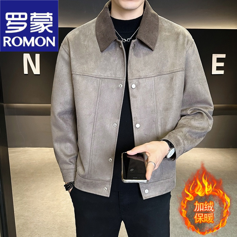 罗蒙秋冬新款商务休闲翻领外套高级感男士短款鹿皮夹克加绒保暖潮