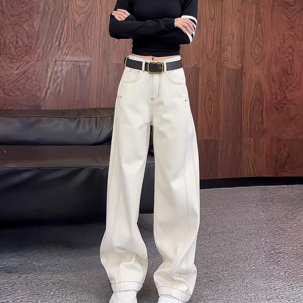 2025秋冬新款时尚白色弯刀牛仔裤女大码胖mm高腰宽松显瘦阔腿长裤