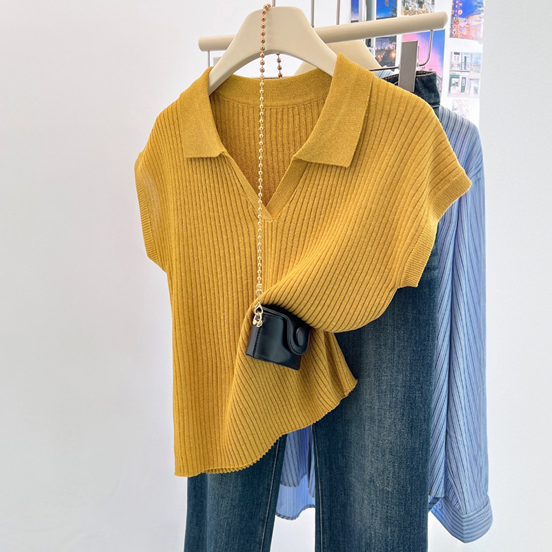 卡莲格/设计感翻领小飞袖马甲T恤女夏季胖mm宽松显瘦减龄针织上衣