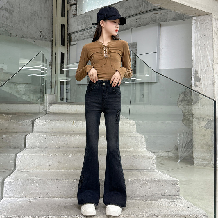 女童喇叭裤2025秋季新款6-12岁15岁修身牛仔裤洋气时髦大童微喇裤