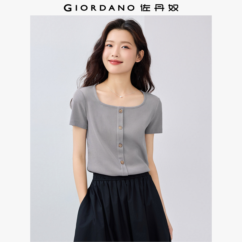 佐丹奴T恤女装小众时尚纽扣方领修身坑条夏季短袖T恤 05325469