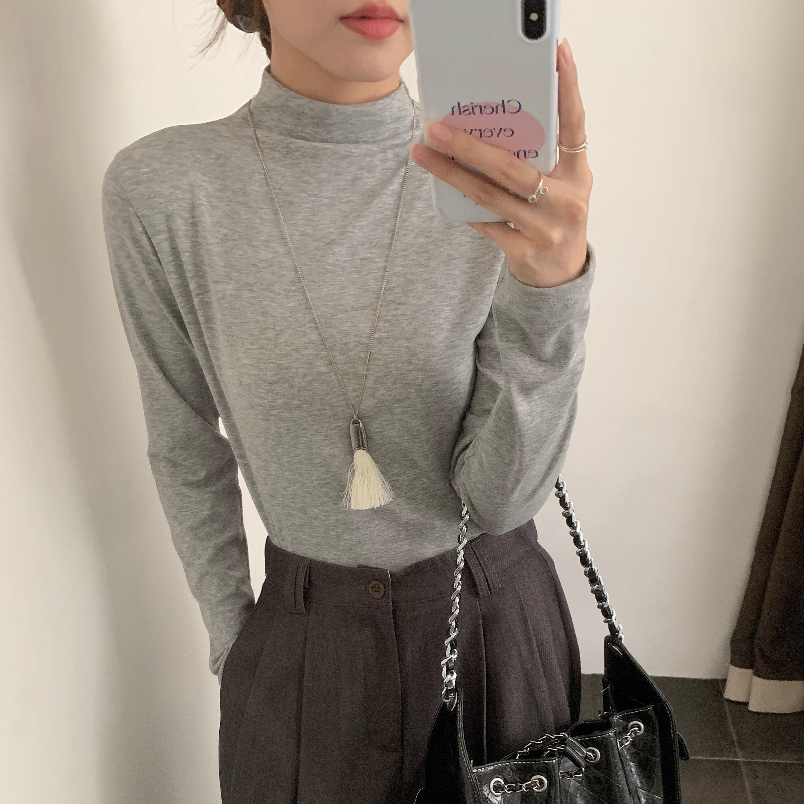 花灰纯色打底衫女百搭冬季内搭保暖长袖t恤韩系修身半高领上衣服