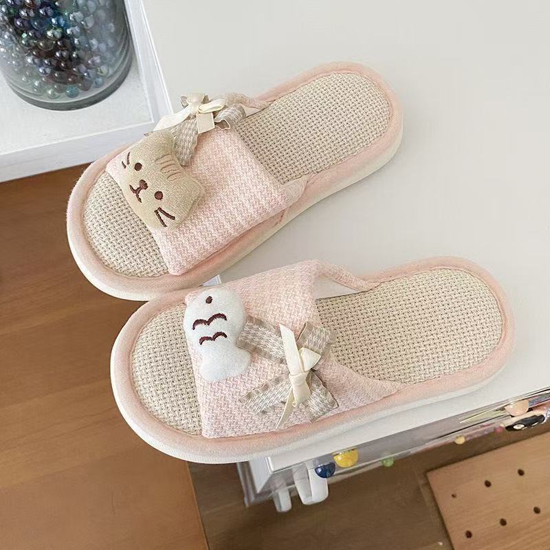 可爱春秋卡通情侣亚麻拖鞋蝴蝶结四季室内厚底防滑家用居家棉麻L