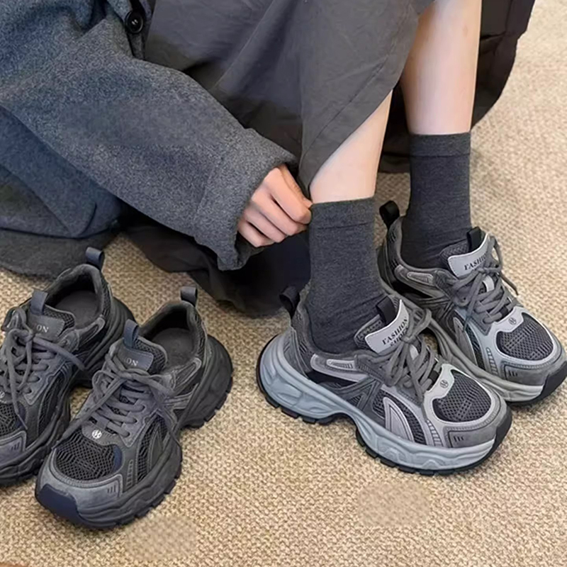 韩版做旧复古厚底老爹鞋女2025秋冬季新款网面设计百搭休闲运动鞋