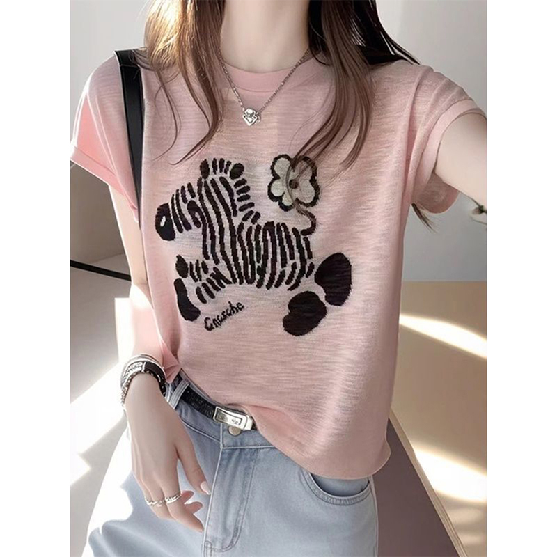 卡莲格【品牌正品】设计感斑马压花短袖T恤女大码胖mm宽松显瘦上衣