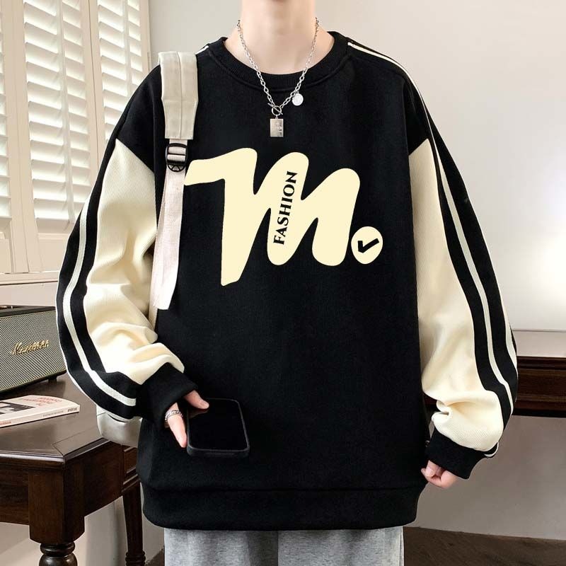 港风潮流圆领卫衣男装春秋季休闲撞色加肥加大码宽松百搭印花上衣