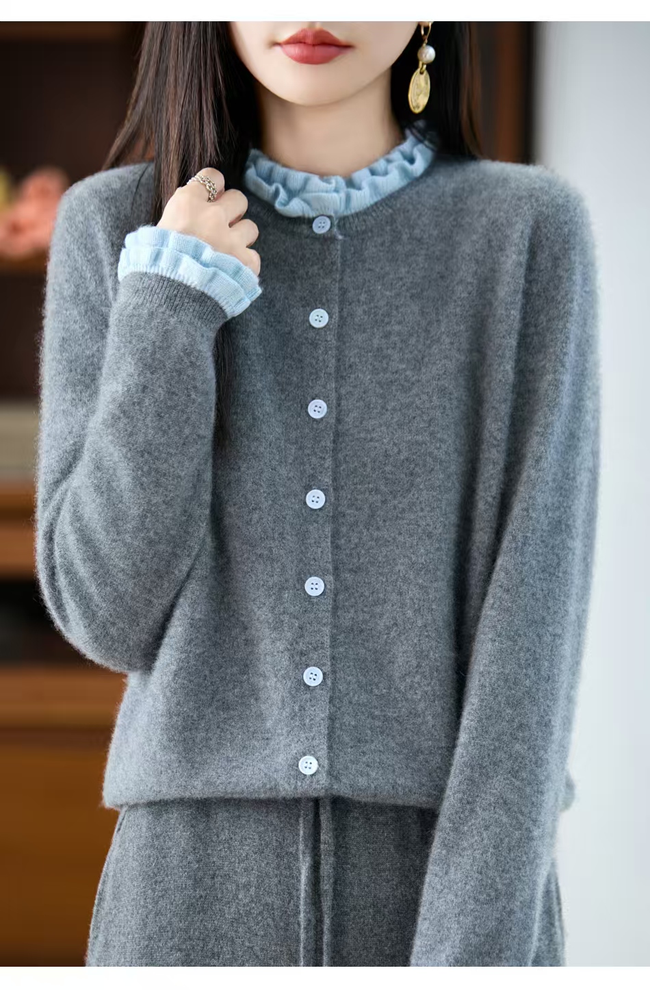 纯羊毛双荷边秋冬季新款木耳领外套长袖打底毛衣羊毛针织开衫