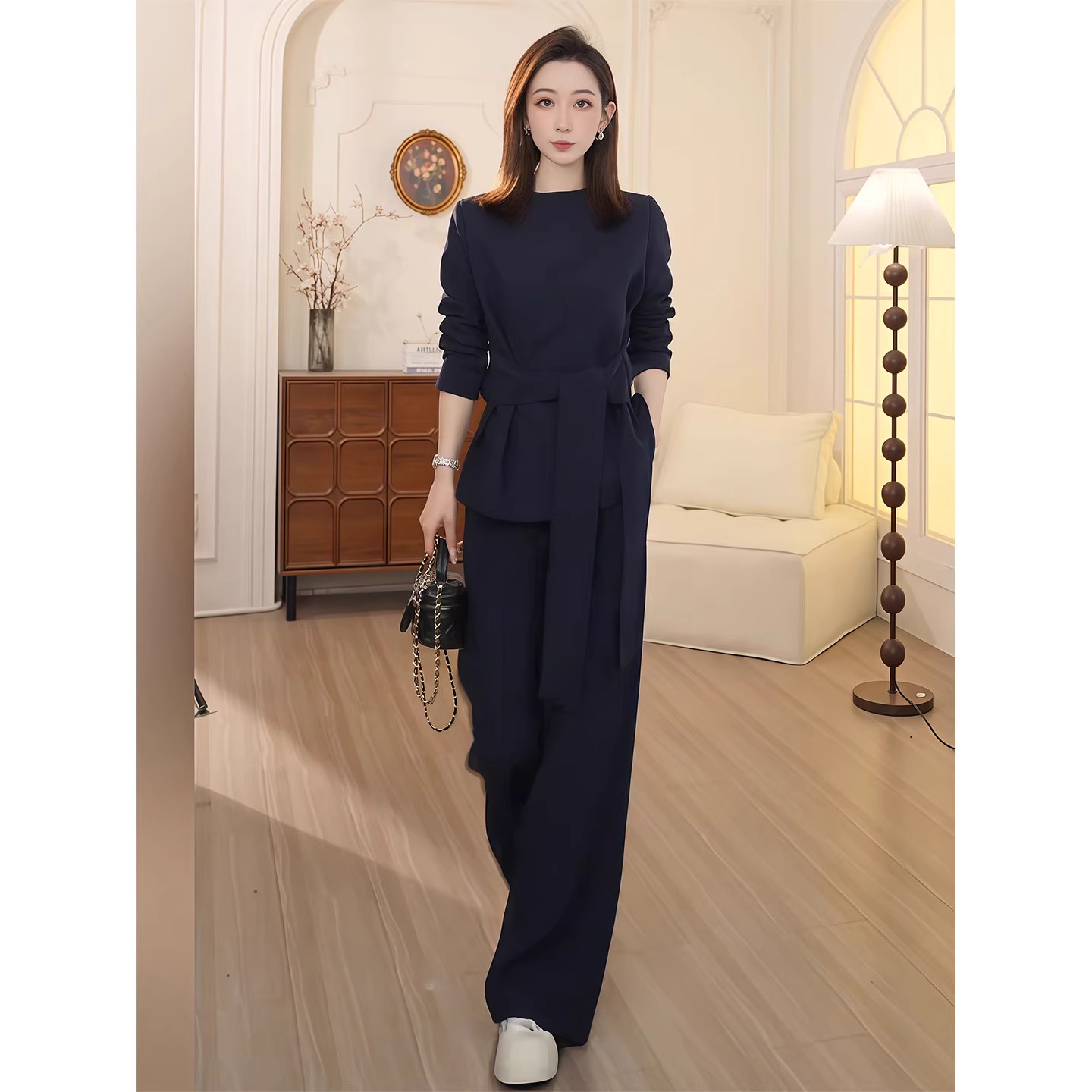 大码女装时尚休闲套装女高级感春秋季新款减龄系带上衣长裤两件套