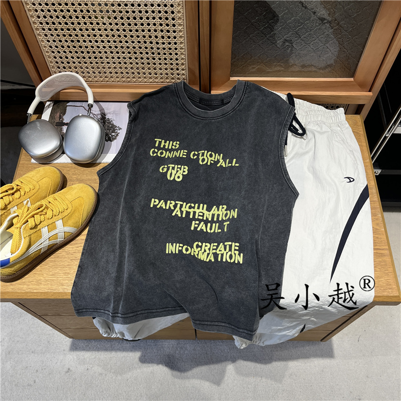 吴小越w1367男童夏款炒洗做旧工艺无感数码印花冰感棉t恤背心中大