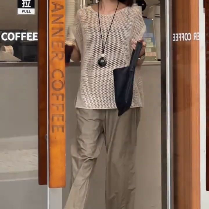 新款镂空薄款上衣高腰简约休闲裤女装