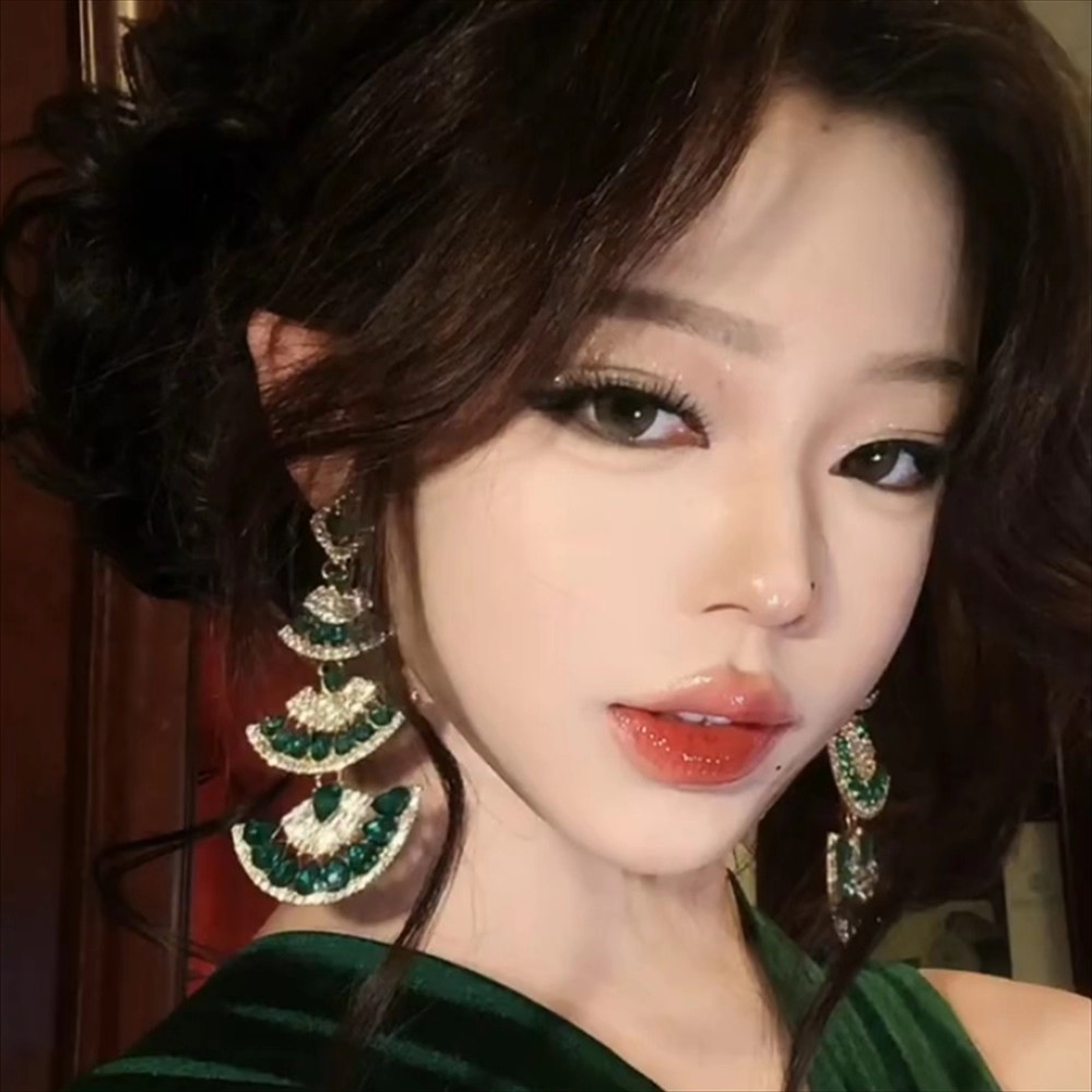 合金耳饰 绿色扇子耳环女欧美夸张耳坠高级感气质百搭耳饰品