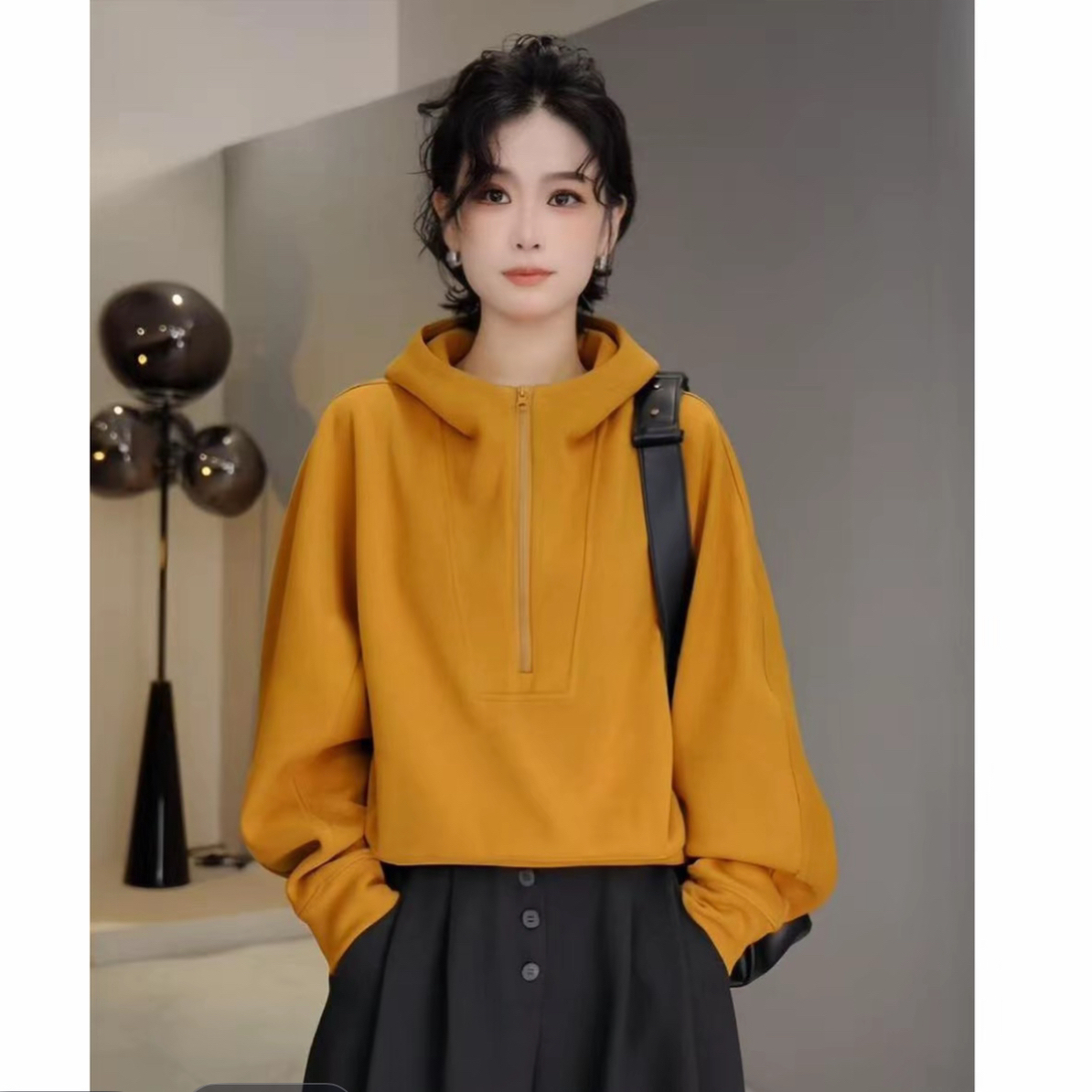 连帽长袖时尚休闲卫衣女2025秋季新款宽松慵懒风半拉链帽衫上衣