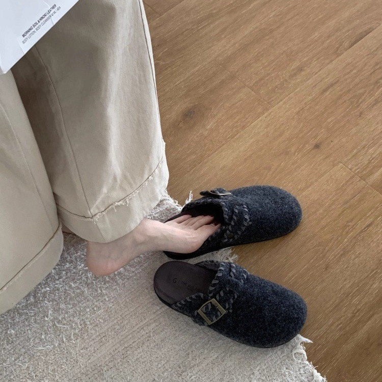 2025冬新款复古勃肯鞋女厚底一脚蹬百搭加绒保暖包头半拖鞋女外穿