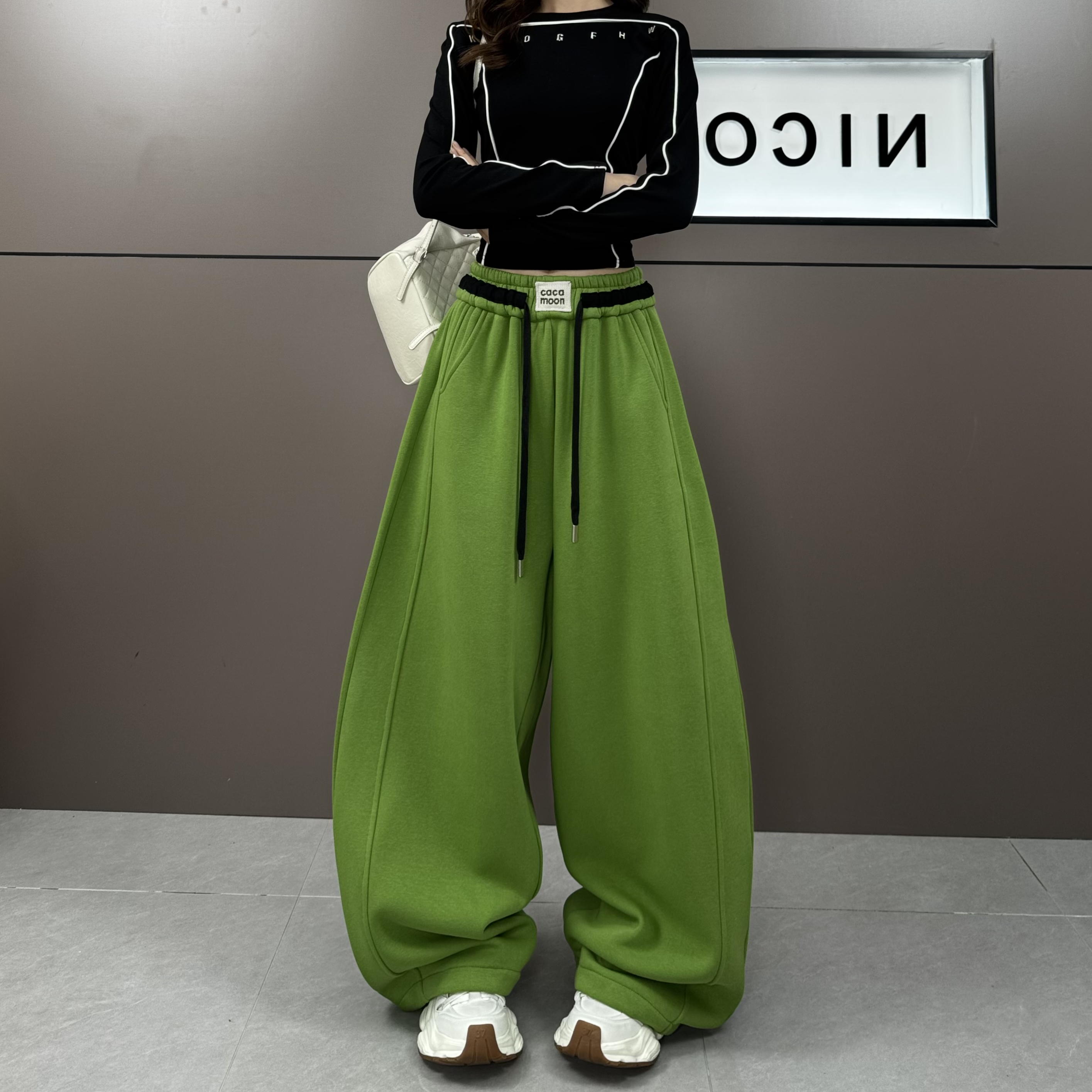 2025年加绒新款糖果色男女同款松紧腰宽松休闲阔腿裤7985