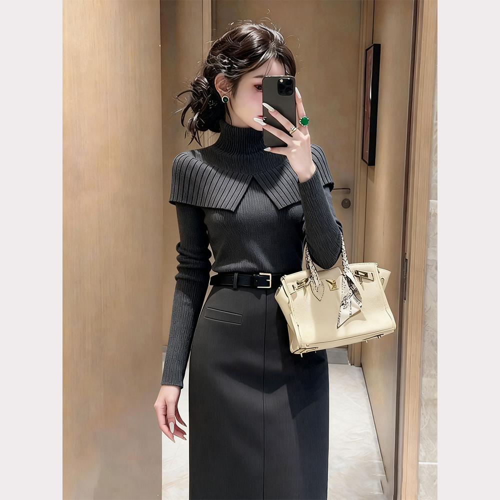 秋装搭配一整套时尚洋气高级感巨好看的灰色斗篷披肩毛衣套装裙女