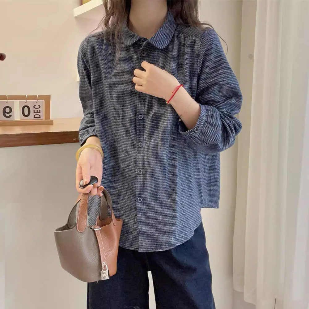 春秋薄款宽松褶皱感Polo领长袖纯棉减龄复古显瘦百搭休闲格子衬衫