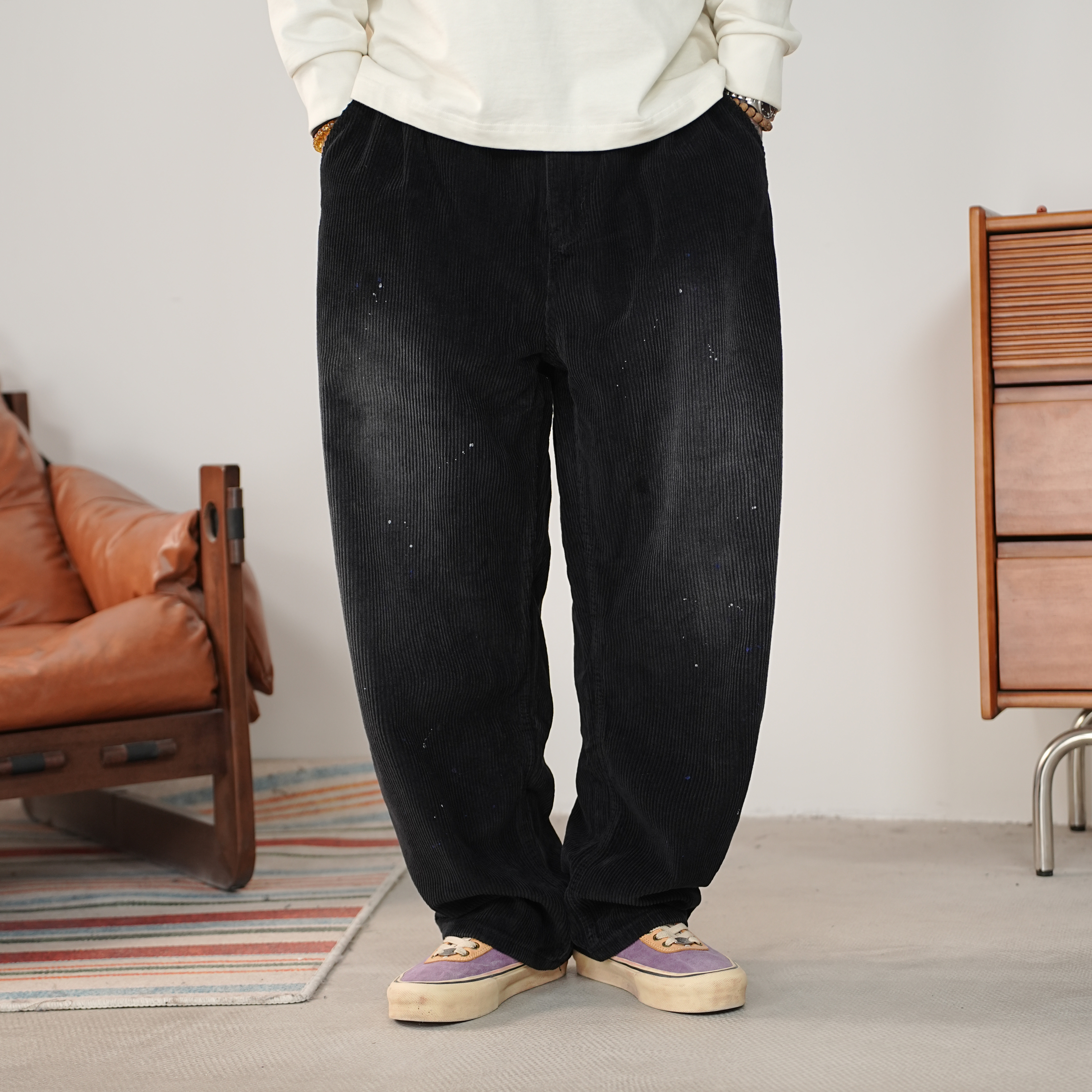 25FW日系复古重磅灯芯绒休闲裤宽松锥形街头漆点泼墨休闲裤