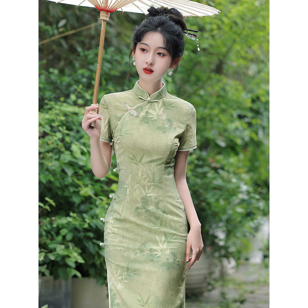 绿色送考旗袍女2025夏季年轻款高端长款日常改良高考中考一路绿灯