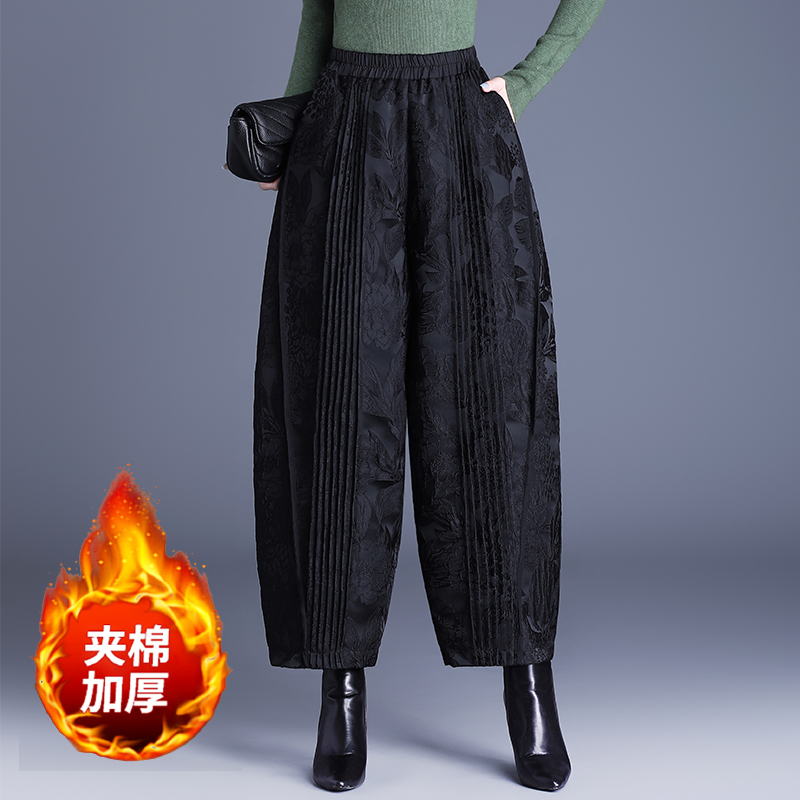 秋冬季夹棉九分裤显瘦重磅提花花苞裤大码宽松阔腿裤保暖加厚棉裤