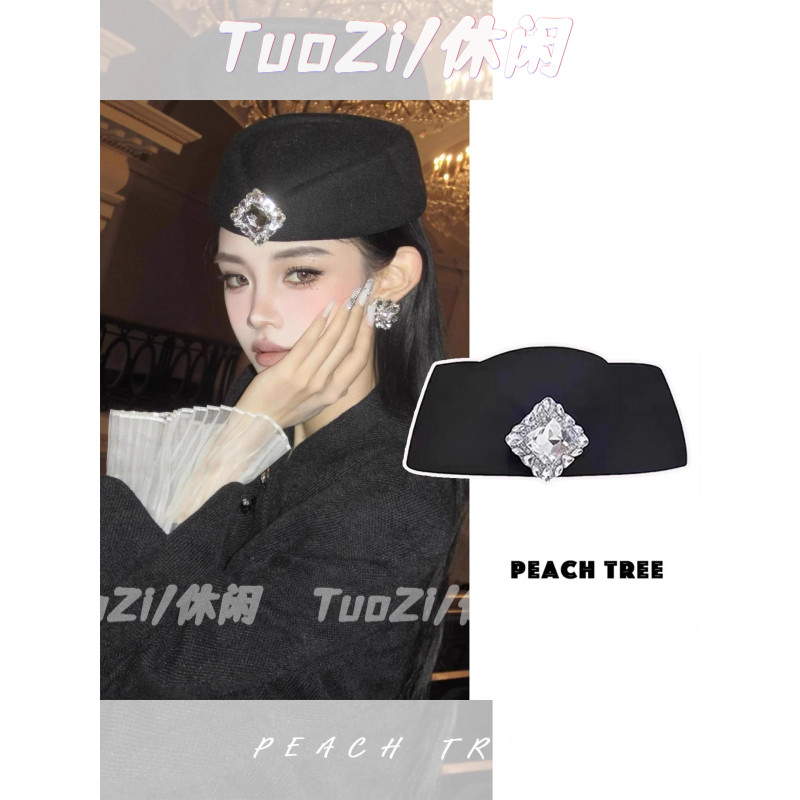 财阀千金黑色方钻平顶小礼帽高级感空姐制服帽礼仪帽覆古贝雷帽子