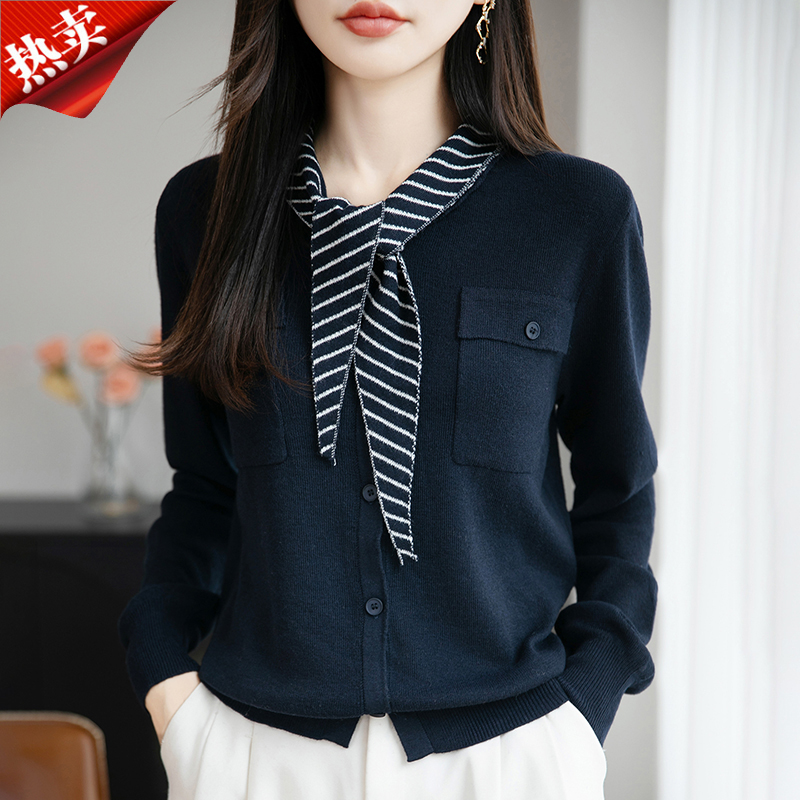 2025时尚品牌早秋商务丝巾领针织开衫毛针织衫女士气质外搭上衣