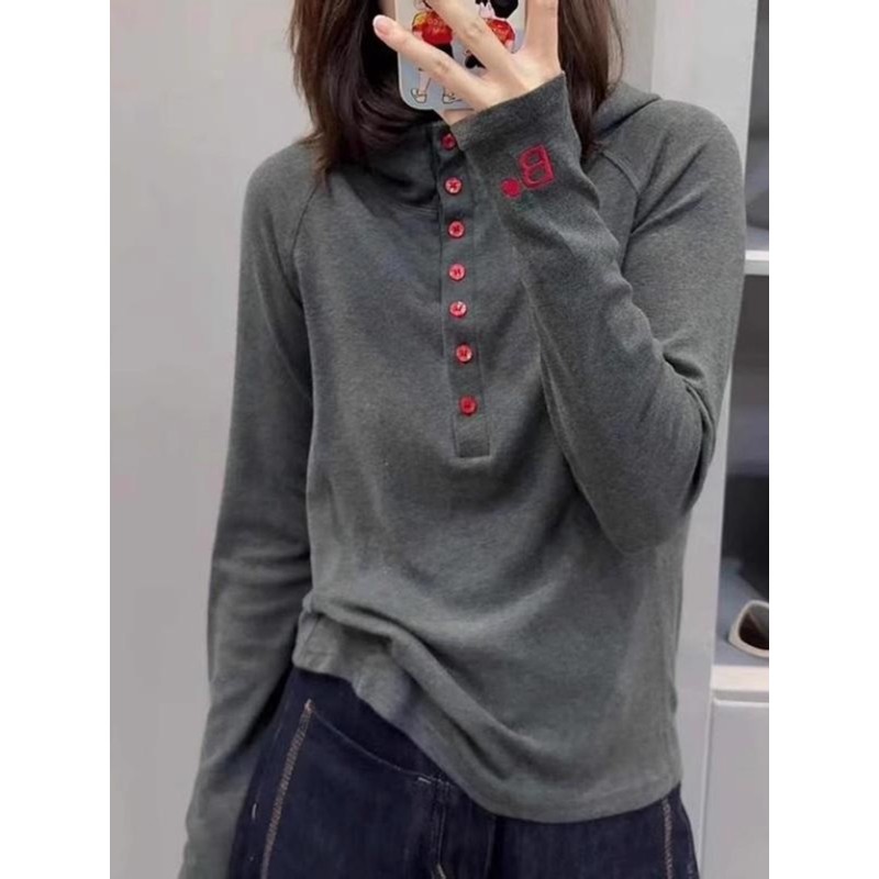 哥弟阿玛施正品大码棉混半开领连帽长袖T恤女2025早秋胖mm宽松时