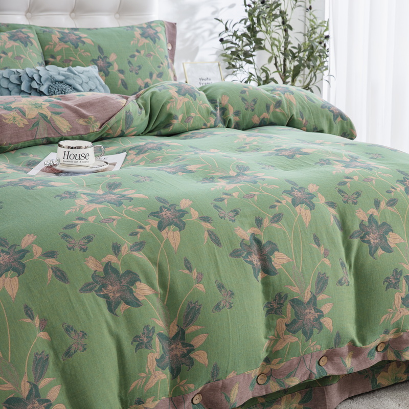 良品绘【和和美美-绿】全棉A类母婴级色织双层纱被套四件套100%全棉