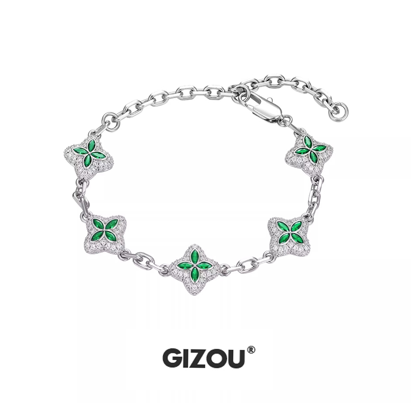 铜合金锆石手链 GIZOU极昼满钻四叶草手链璀璨幸运满镶钻嘻哈手链