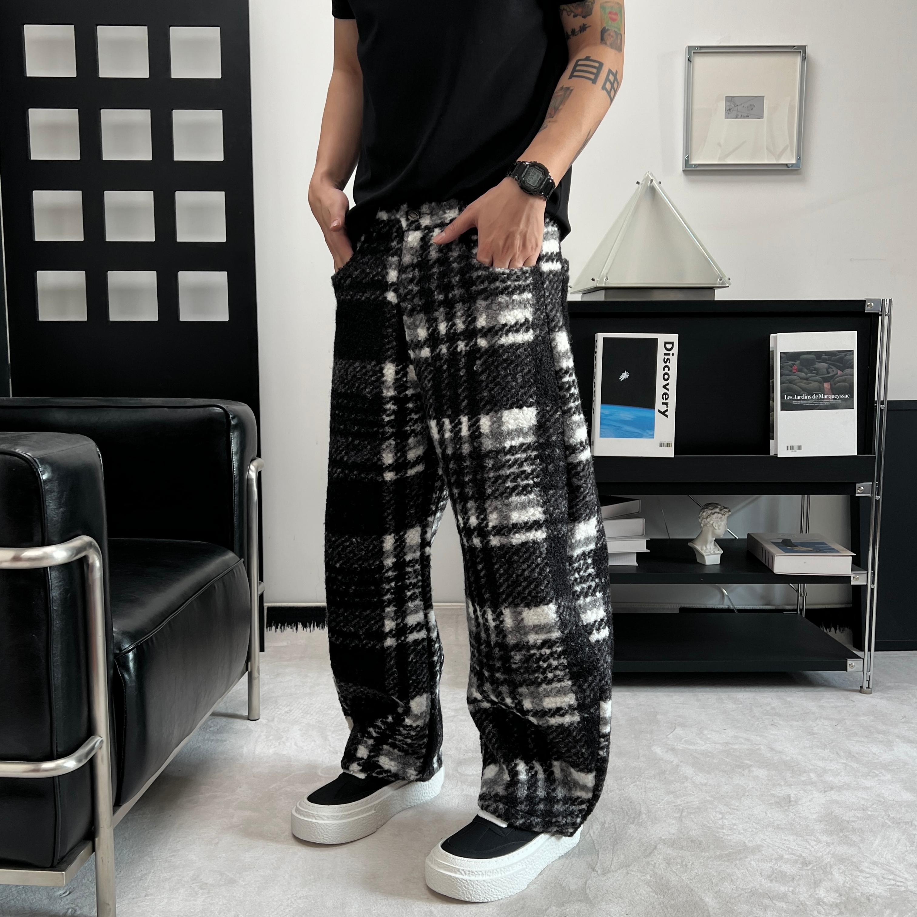 慵懒风黑白毛呢格子裤男加厚保暖休闲裤弯刀裤宽松阔腿裤秋冬款