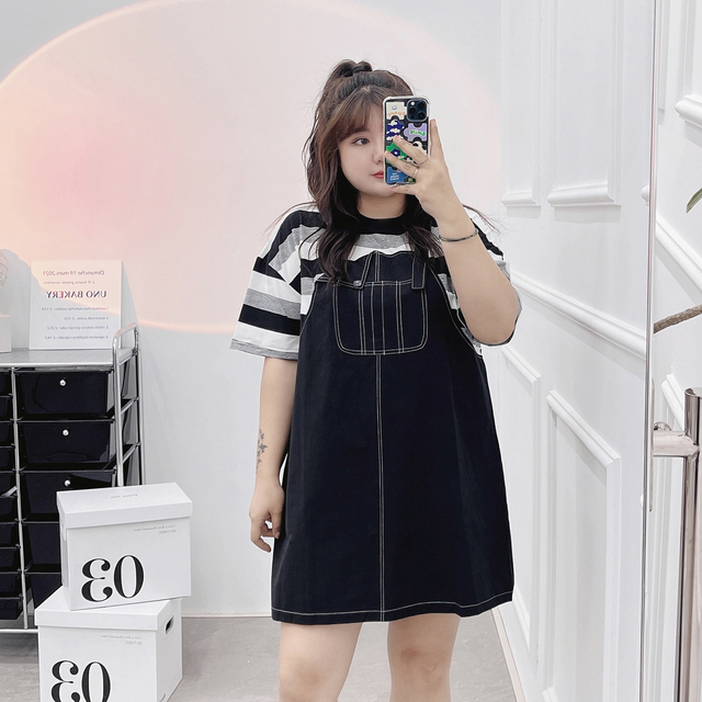 大码女装夏季新款胖mm假两件条纹背带拼接短袖连衣裙显瘦裙子