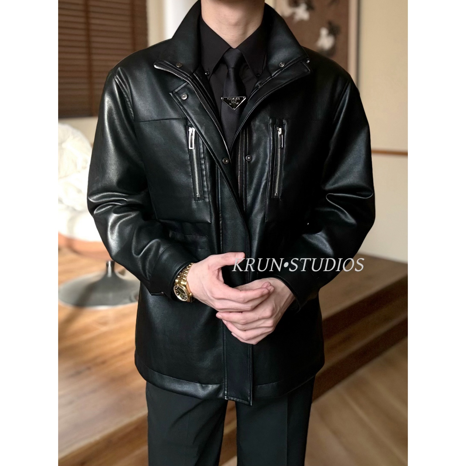 【KRUN】秋季新款复古高质感英伦痞帅多口袋PU蛋白皮装夹克皮衣外套