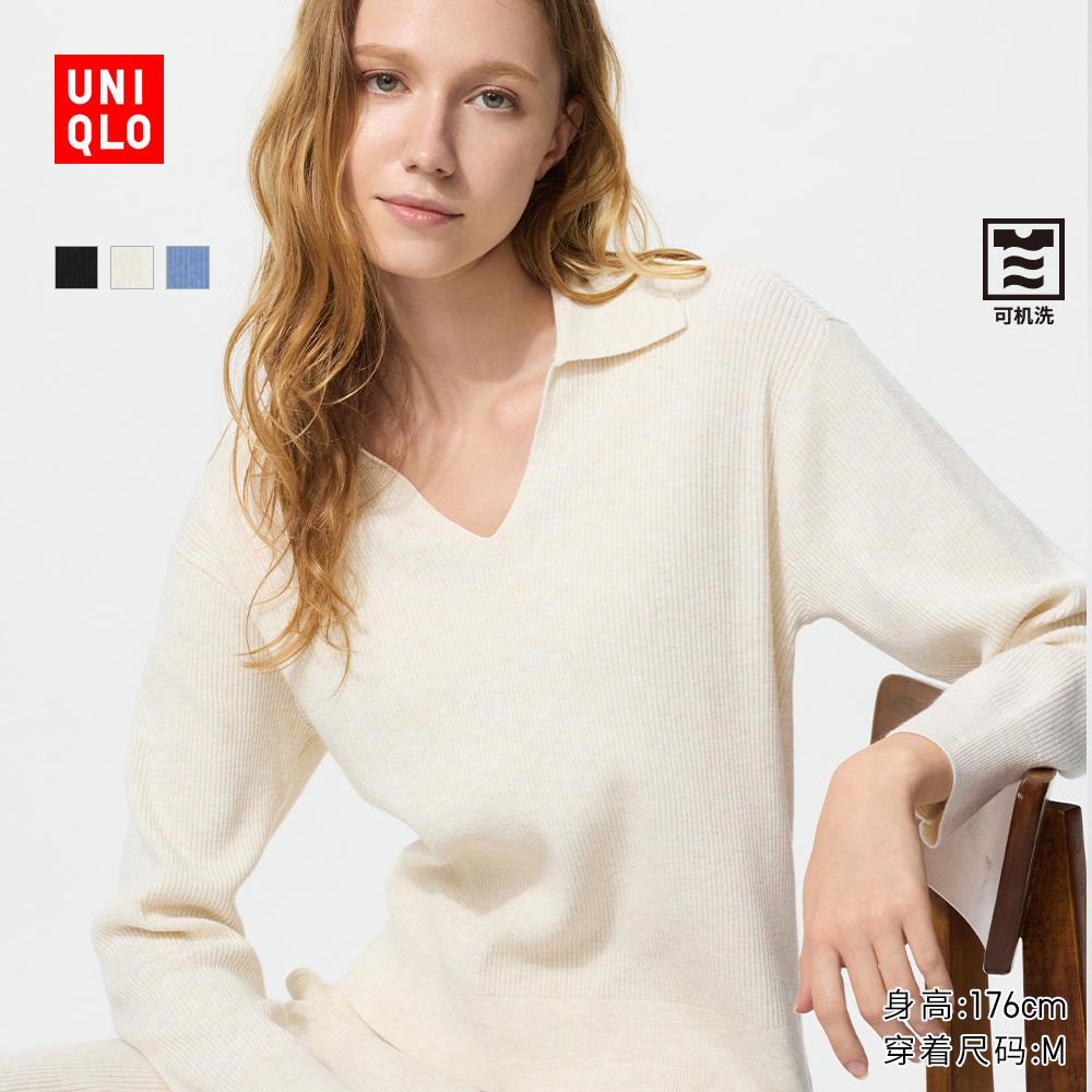 优衣库女装可机洗罗纹半开领针织衫/毛衣480414 482253