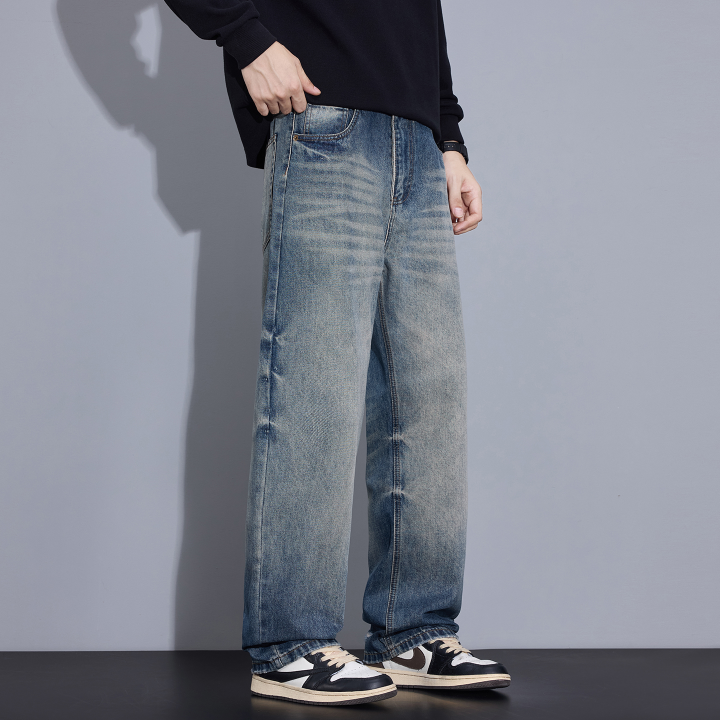 Kuvine潮牌水洗牛仔裤男士2025新款宽松阔腿美式直筒百搭长裤秋季