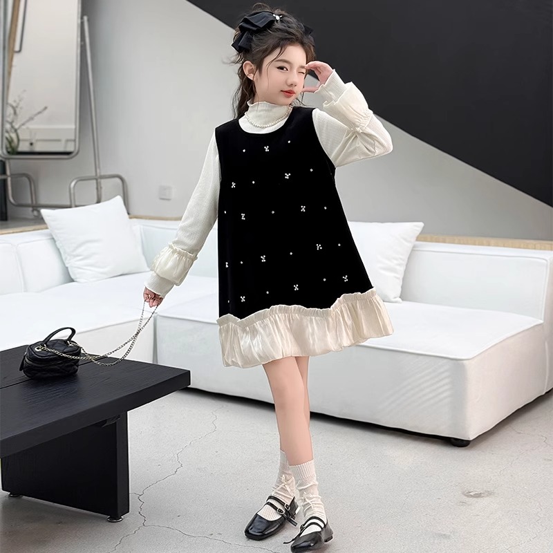 2025年秋冬季女童丝绒连衣裙秋冬款女宝宝爆款公主裙子丝绒背心裙