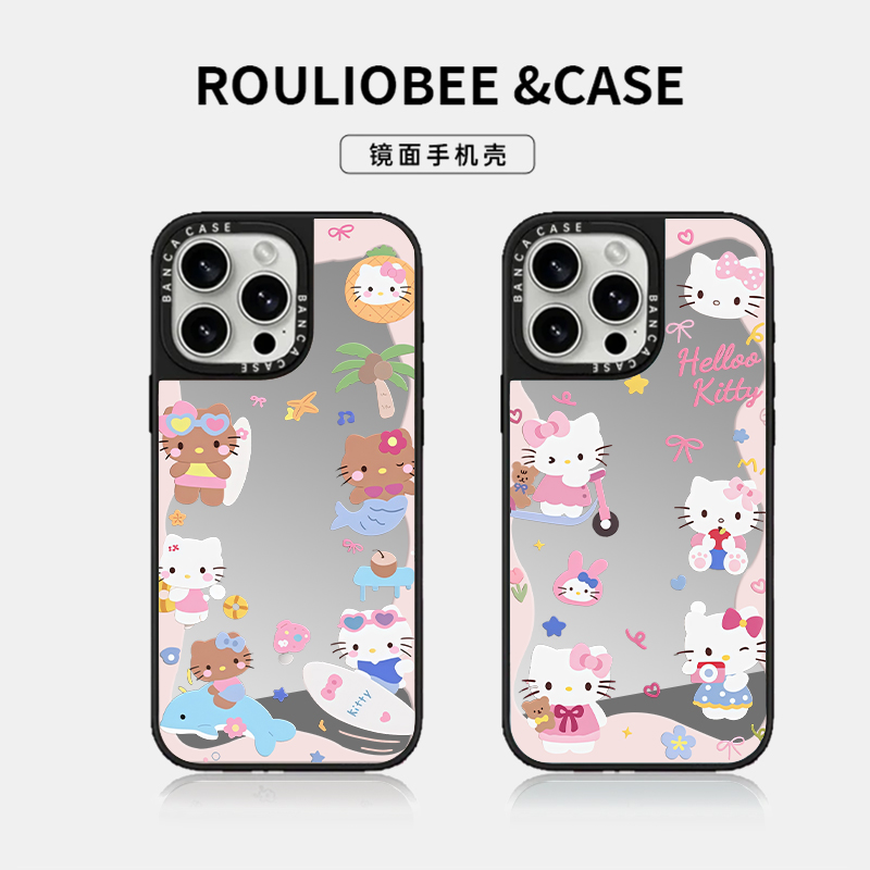冲浪kitty猫适用苹果16pro手机壳13保护壳苹果iPhone15补妆镜镜面