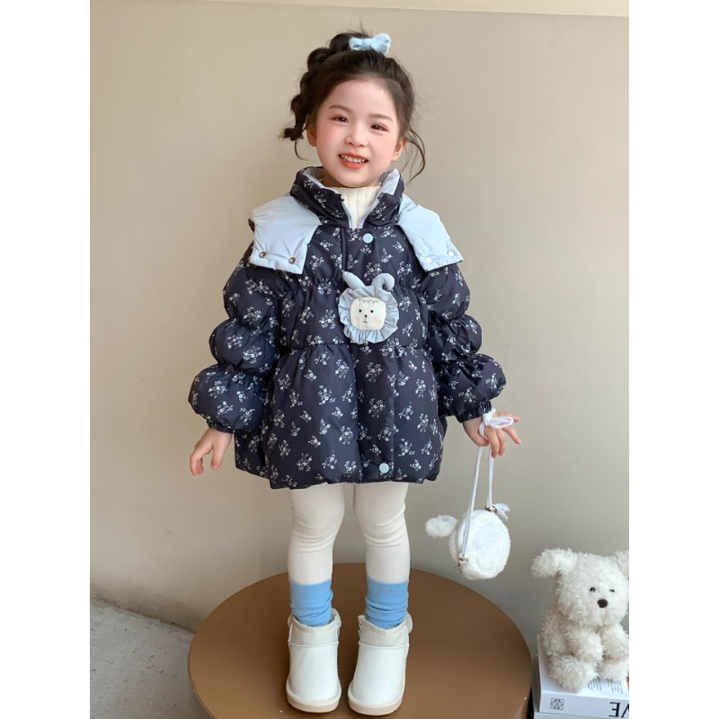 女童碎花加厚棉服冬季2025新款儿童夹棉保暖外套洋气宝宝冬装棉衣