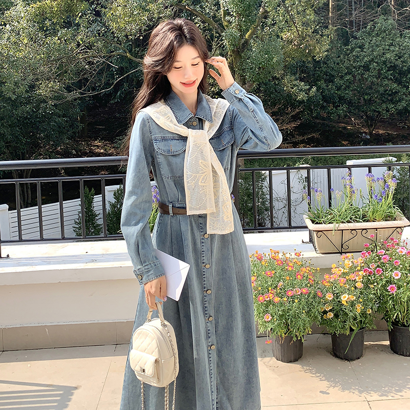蕾丝披肩时尚设计感休闲牛仔连衣裙女春季新款韩系气质收腰A字裙