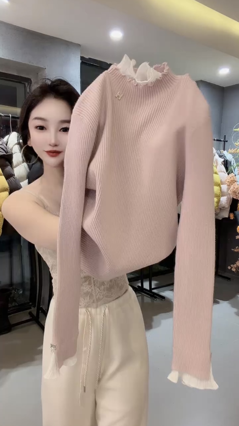 欧货秋冬新款时尚立领拼接网纱荷叶边温柔气质修身显瘦针织衫毛衣