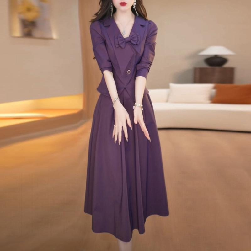 多丽丝轻奢套装裙2025秋季新款高级感长袖紫色小众两件套连衣裙子