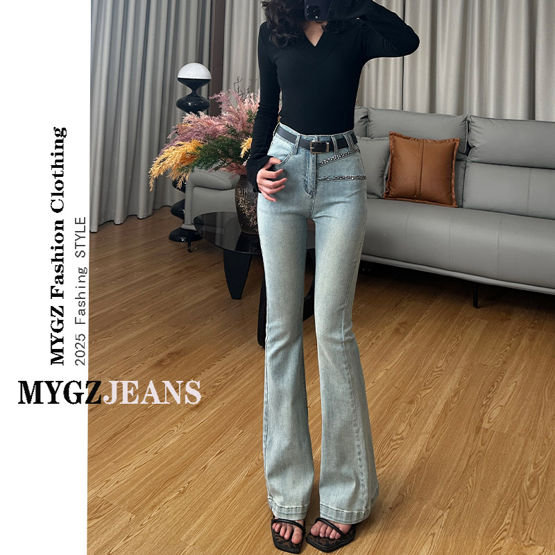 2025春秋季新款时尚百搭修身弹力浅色长裤显瘦高腰喇叭牛仔裤女