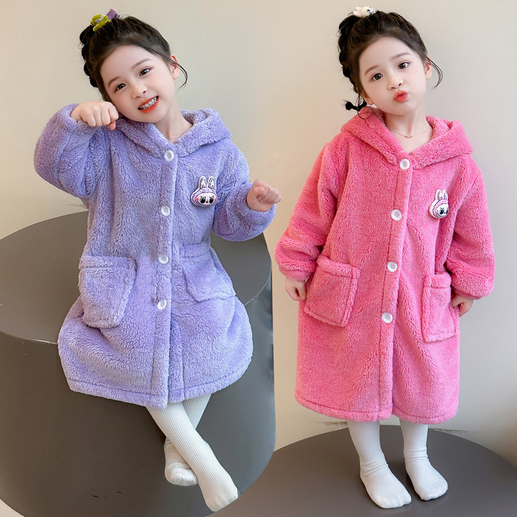 女童冬季法兰绒睡衣儿童2025新款连帽中长款睡袍女孩子保暖家居服